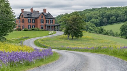Naklejka premium Grand country mansion with a tree-lined driveway, surrounded by green fields and wildflowers