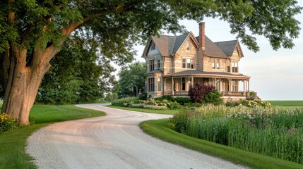 Naklejka premium Grand country mansion with a tree-lined driveway, surrounded by green fields and wildflowers