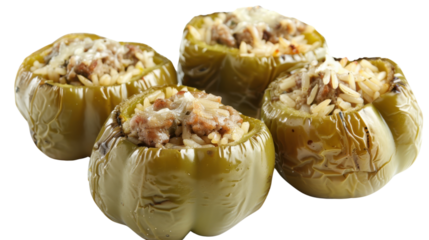 Four delicious stuffed green bell peppers with rice and meat on transparent background