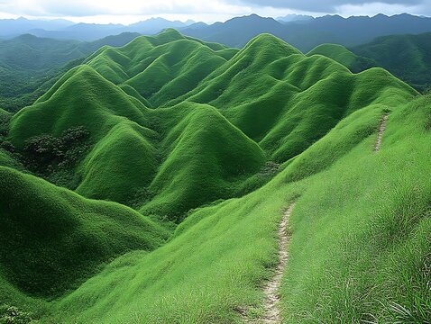 Lush green rolling hills cover a vast landscape during daytime hours
