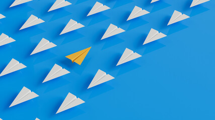 Different thinking and Business and technology disruption concept. Yellow plane going opposite direction with white planes.