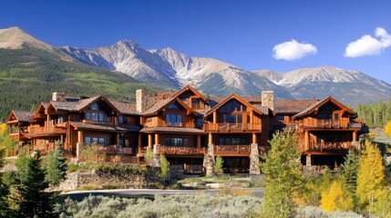 Obraz premium Large wooden lodge in the mountains with multiple stories, balconies, and a warm, inviting feel