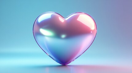 3D glossy heart rendered in soft gradient from cotton candy pink to lavender, floating against pastel blue background, metallic holographic sheen, kawaii style with bubble effect highlights, ultra