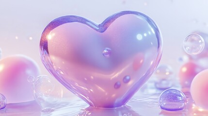 Plump 3D heart design with marshmallow-like texture, gentle gradient blend of lilac to baby blue to rose pink, surrounded by floating transparent bubbles, metallic shimmer accents, rounded puffy