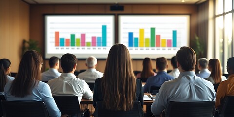Audience of professionals attending a corporate business presentation in a modern conference room, with colorful bar charts displayed on dual screens for financial or data analysis purposes.

