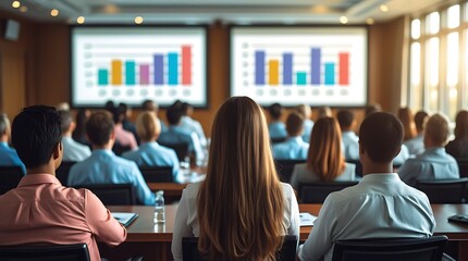 Audience of professionals attending a corporate business presentation in a modern conference room, with colorful bar charts displayed on dual screens for financial or data analysis purposes.

