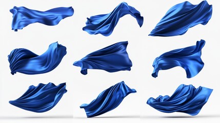 Elegant royal blue superhero capes billowing dramatically, high-end silk material with precise fabric physics, collection showing various flutter and wave patterns, premium cloth rendering with