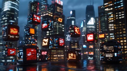 Fototapeta premium Floating futuristic cube technology in city reflecting on wet surface, for backgrounds and concept art