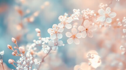 Floating cherry blossoms and baby's breath in soft focus, gentle color palette of pale pink, vanilla, and dusty blue, ethereal spring garden atmosphere with natural bokeh, diffused sunlight creating