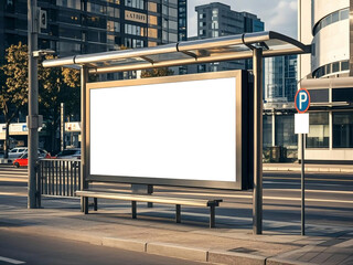 Fototapeta premium Blank White Bus Stop Vertical Billboard Mockup In Front Of An Empty Street. Outdoor Advertising Lightbox On The Sidewalk