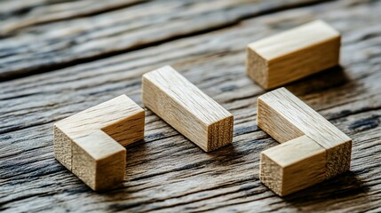 Wooden puzzle blocks on rustic table, problem solving