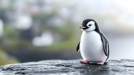 Naklejka premium A small adorable penguin chick stands peacefully on a rock