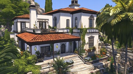 Fototapeta premium Mediterranean two-story home with a terracotta roof, stone walls, and an inviting courtyard