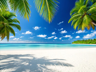 Obraz premium tropical beach with palm trees. beach, palm, sea, tropical, island, tree, ocean, sand, summer, water, sky, travel, paradise, nature, landscape, coconut, vacation, sun, coast, holiday, caribbean, seasc