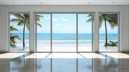 Fototapeta premium Minimalist beachfront house with large glass doors, white walls, and an unobstructed ocean view