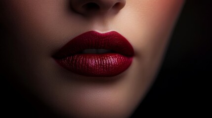 Fototapeta premium Close-up beauty portrait focusing on plump lips wearing deep crimson matte lipstick, soft focus skin texture, catch lights highlighting the cupid's bow, ethereal beauty lighting setup, fashion