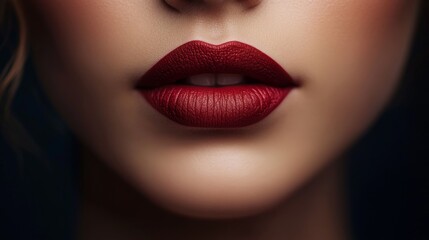 Close-up beauty portrait focusing on plump lips wearing deep crimson matte lipstick, soft focus skin texture, catch lights highlighting the cupid's bow, ethereal beauty lighting setup, fashion