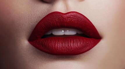 Obraz premium Premium beauty photography focusing on perfectly lined lips with velvet matte red lipstick, capturing intricate lip detail and texture, professional beauty lighting emphasizing lip volume, glossy