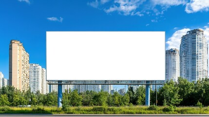 A blank billboard stands tall with city buildings behind it