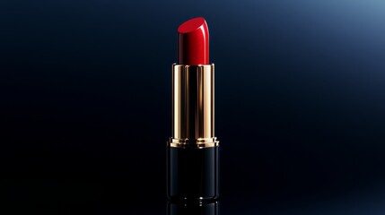 Close-up product photography of premium lipstick tube standing vertically, capturing luxury material textures, precise accent lighting revealing metallic details, clean reflection on mirror-like