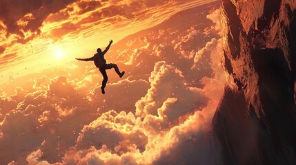 Man falling from cliff, sunset sky, clouds, freedom, adventure.