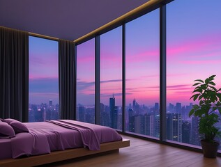 Luxurious modern bedroom interior with elegant purple bedding and panoramic floor-to-ceiling windows offering a stunning sunset city skyline view, ideal for architecture and lifestyle themes.


