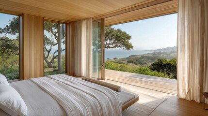 Fototapeta premium Modern eco-friendly wooden house with clean architectural lines, natural finishes, and a sustainable design