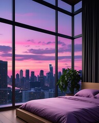 Luxurious modern bedroom interior with elegant purple bedding and panoramic floor-to-ceiling windows offering a stunning sunset city skyline view, ideal for architecture and lifestyle themes.


