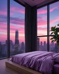 Luxurious modern bedroom interior with elegant purple bedding and panoramic floor-to-ceiling windows offering a stunning sunset city skyline view, ideal for architecture and lifestyle themes.


