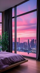 Luxurious modern bedroom interior with elegant purple bedding and panoramic floor-to-ceiling windows offering a stunning sunset city skyline view, ideal for architecture and lifestyle themes.


