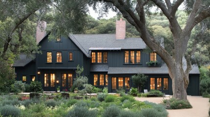 Modern farmhouse with black exterior, large windows, and rustic yet contemporary landscaping