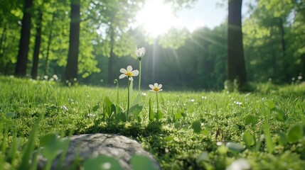 Flowers in the forest. Morning sun shining through trees. Spring bloom. Background green field