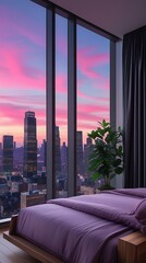 Luxurious modern bedroom interior with elegant purple bedding and panoramic floor-to-ceiling windows offering a stunning sunset city skyline view, ideal for architecture and lifestyle themes.


