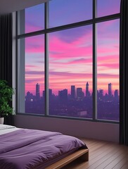 Luxurious modern bedroom interior with elegant purple bedding and panoramic floor-to-ceiling windows offering a stunning sunset city skyline view, ideal for architecture and lifestyle themes.


