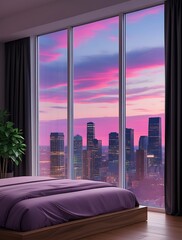 Luxurious modern bedroom interior with elegant purple bedding and panoramic floor-to-ceiling windows offering a stunning sunset city skyline view, ideal for architecture and lifestyle themes.


