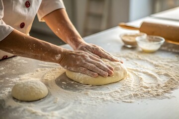 Obraz premium Baker’s hands press and stretch dough with skill.