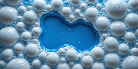 Close-up of white soap bubbles surrounding a vivid blue liquid detergent pool, creating a visually striking abstract texture ideal for cleanliness, hygiene, or background design themes.

