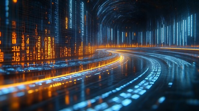 Futuristic digital highway illuminated by light streams and data displays