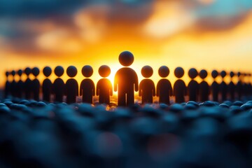 Obraz premium Silhouette of Crowd at Sunset Symbolizing Unity and Community with Bright Horizon and Dramatic Light Effects for Inspirational Themes