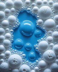 Close-up of white soap bubbles surrounding a vivid blue liquid detergent pool, creating a visually striking abstract texture ideal for cleanliness, hygiene, or background design themes.

