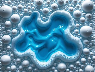 Close-up of white soap bubbles surrounding a vivid blue liquid detergent pool, creating a visually striking abstract texture ideal for cleanliness, hygiene, or background design themes.

