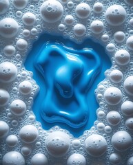 Close-up of white soap bubbles surrounding a vivid blue liquid detergent pool, creating a visually striking abstract texture ideal for cleanliness, hygiene, or background design themes.

