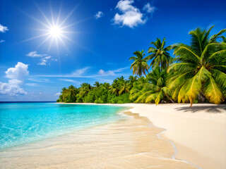 Obraz premium tropical beach with palm trees. beach, palm, sea, tropical, tree, island, ocean, sand, sky, paradise, water, travel, summer, landscape, nature, vacation, caribbean, coconut, maldives, holiday, coast, 