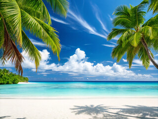 Obraz premium tropical beach with palm trees. beach, palm, sea, tropical, tree, island, ocean, sand, paradise, summer, water, sky, travel, coconut, vacation, landscape, nature, holiday, sun, coast, resort, caribbea