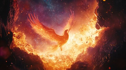 Fototapeta premium Enchanting Phoenix Resurgence from Glowing Coals in Digital Artwork