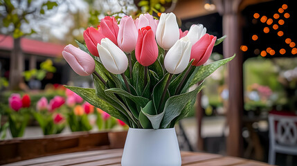 Obraz premium A lovely colorful bouquet of tulips inside a white vase
