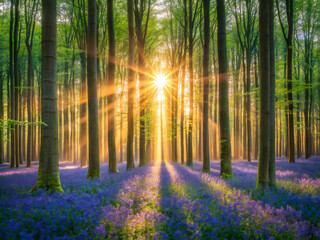 Fototapeta premium sunrise in the forest. forest, trees, autumn, tree, fog, mist, misty, nature, landscape, woods, sun, light, sunlight, foggy, morning, woodland, green, foliage, sunrise, wood, path, pine, fall, leaf, l