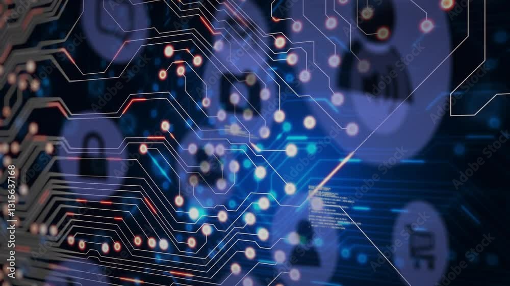 Poster glowing nodes with animation on circuit board pattern over digital blue background