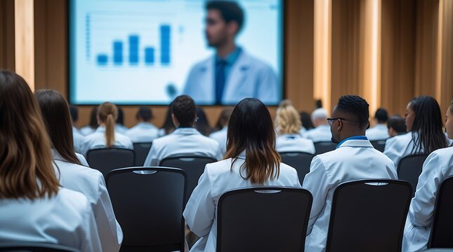 Large group of medical professionals in white lab coats attending a healthcare conference or educational seminar, focused on a presentation with charts and data on a big screen.

