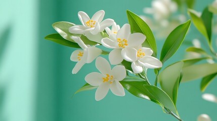 Obraz premium Fragrant Murraya paniculata plant blossom. Fresh, decorative, indoor. Use as background for spring sale